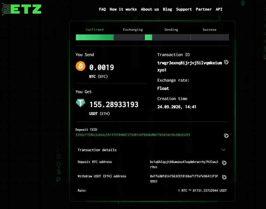 ETZ-Swap Review: We Ran a Real Order and Traced Every Step 3 ETZ swap order
