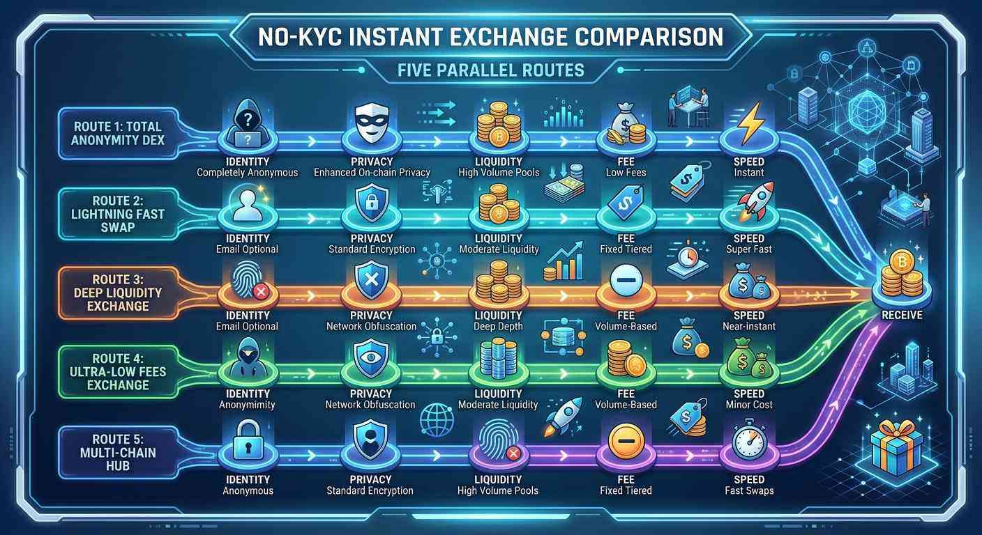 No-KYC Instant Exchange Comparison: ETZ-Swap vs MoBit vs DEX.fo vs CCE.Cash vs Splash 1 Five parallel routes through identity, privacy, liquidity, fee and speed checkpoints, illustrating a no-KYC instant exchange comparison